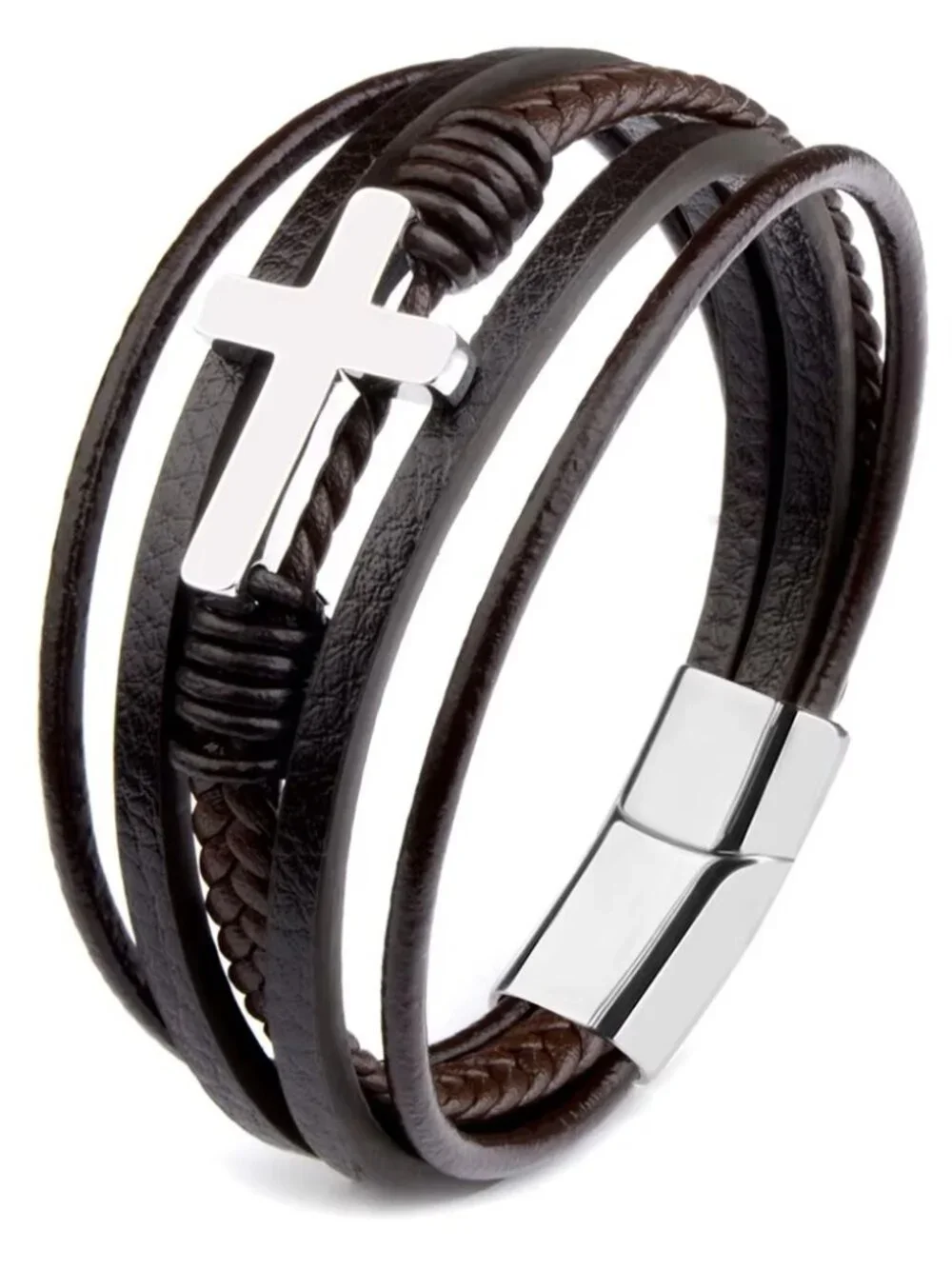 Men's Silver Cross w/ Brown Bracelet Christian Faith Religious Jesus Wristband